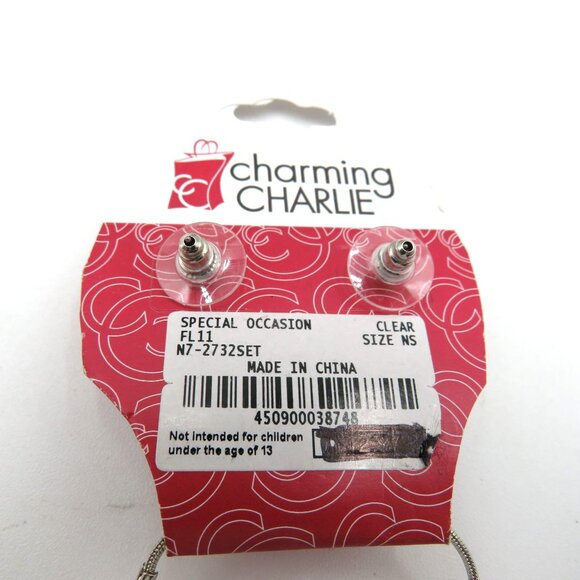 Charming Charlie Necklace Earring Set 18" Crystal Pendant Stud Silver Toned New - Picture 5 of 5